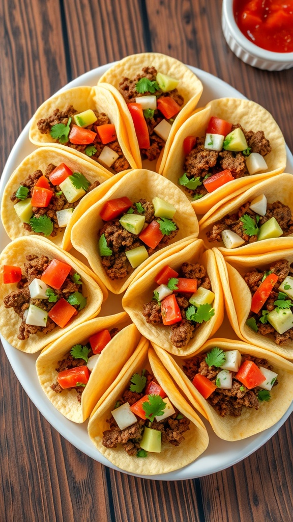 Delicious Mini Tacos Recipe Colorful platter of mini tacos filled with beef, lettuce, tomatoes, and cheese, garnished with cilantro, served with sour cream and salsa.